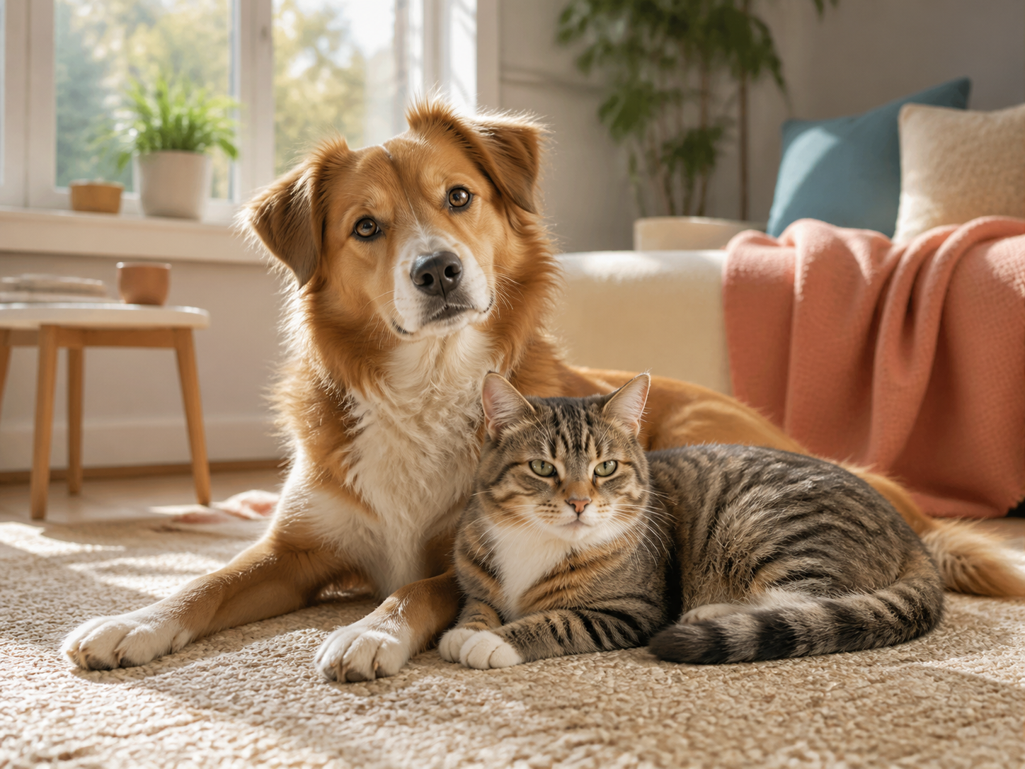 En rolig hund og kat sammen i et lyst hjem